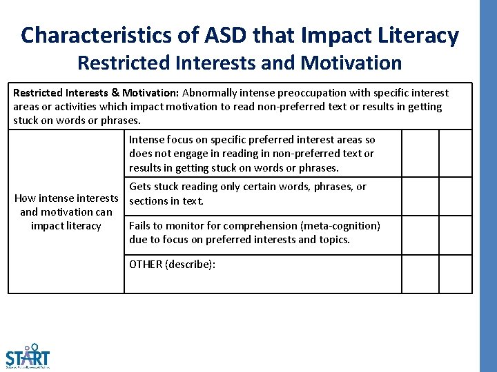 Characteristics of ASD that Impact Literacy Restricted Interests and Motivation Restricted Interests & Motivation: