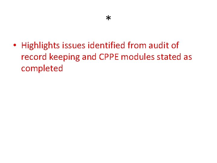 * • Highlights issues identified from audit of record keeping and CPPE modules stated * • Highlights issues identified from audit of record keeping and CPPE modules stated