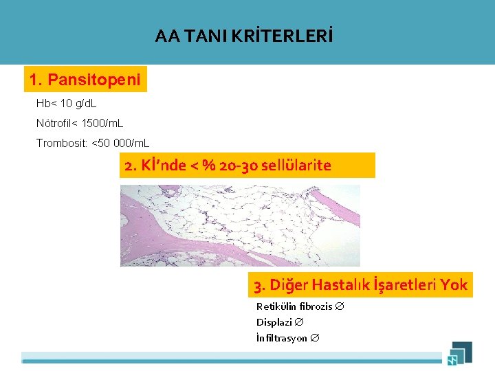 AA TANI KRİTERLERİ 1. Pansitopeni Hb< 10 g/d. L Nötrofil< 1500/m. L Trombosit: <50