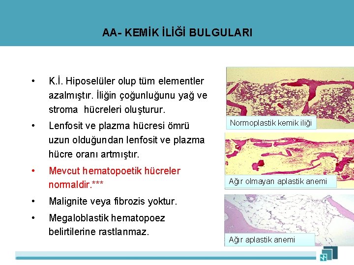 AA- KEMİK İLİĞİ BULGULARI • K. İ. Hiposelüler olup tüm elementler azalmıştır. İliğin çoğunluğunu