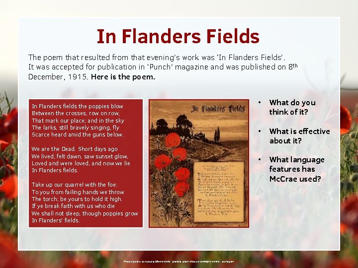 In Flanders Fields The poem that resulted from that evening’s work was ‘In Flanders
