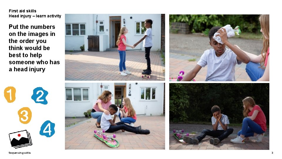 First aid skills Head injury – learn activity Put the numbers on the images