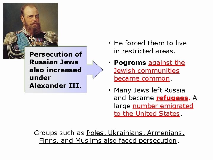 Persecution of Russian Jews also increased under Alexander III. • He forced them to