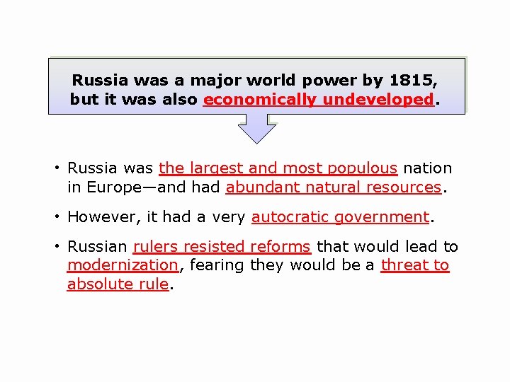 Russia was a major world power by 1815, but it was also economically undeveloped.