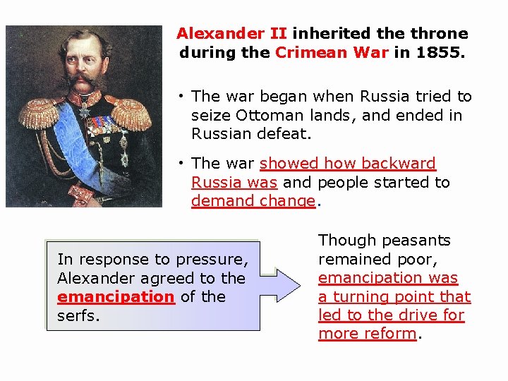 Alexander II inherited the throne during the Crimean War in 1855. • The war