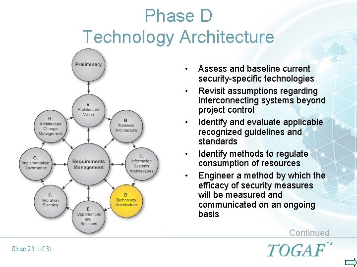 Phase D Technology Architecture • • • Assess and baseline current security-specific technologies Revisit