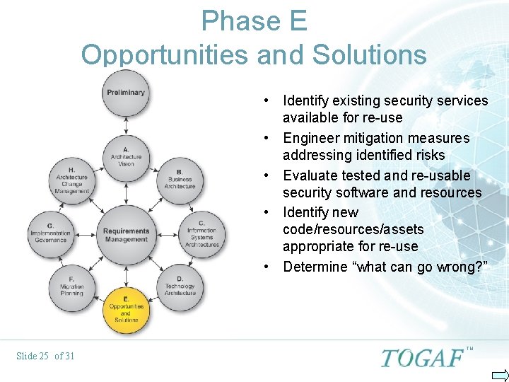 Phase E Opportunities and Solutions • Identify existing security services available for re-use •