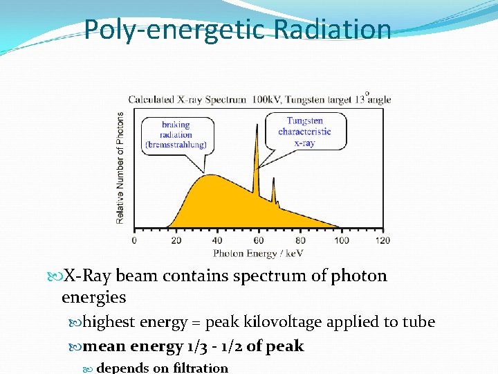 Poly-energetic Radiation X-Ray beam contains spectrum of photon energies highest energy = peak kilovoltage