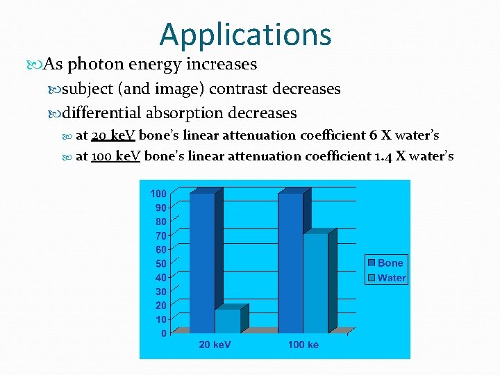 Applications As photon energy increases subject (and image) contrast decreases differential absorption decreases at