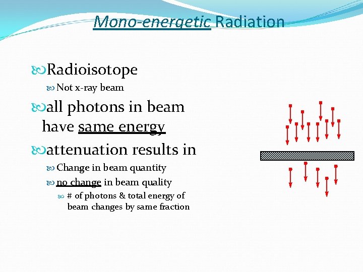 Mono-energetic Radiation Radioisotope Not x-ray beam all photons in beam have same energy attenuation