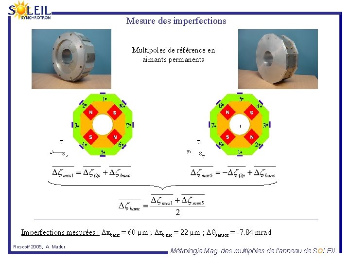 Mesure des imperfections Multipoles de référence en aimants permanents Imperfections mesurées : Dxbanc =