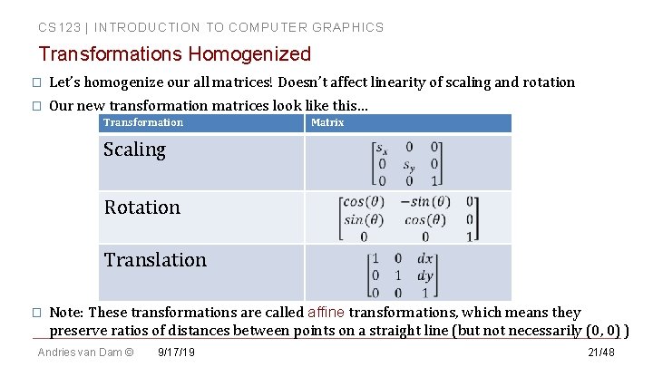 CS 123 | INTRODUCTION TO COMPUTER GRAPHICS Transformations Homogenized � Let’s homogenize our all CS 123 | INTRODUCTION TO COMPUTER GRAPHICS Transformations Homogenized � Let’s homogenize our all