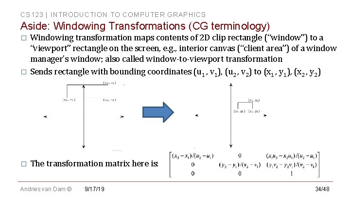 CS 123 | INTRODUCTION TO COMPUTER GRAPHICS Aside: Windowing Transformations (CG terminology) Windowing transformation CS 123 | INTRODUCTION TO COMPUTER GRAPHICS Aside: Windowing Transformations (CG terminology) Windowing transformation