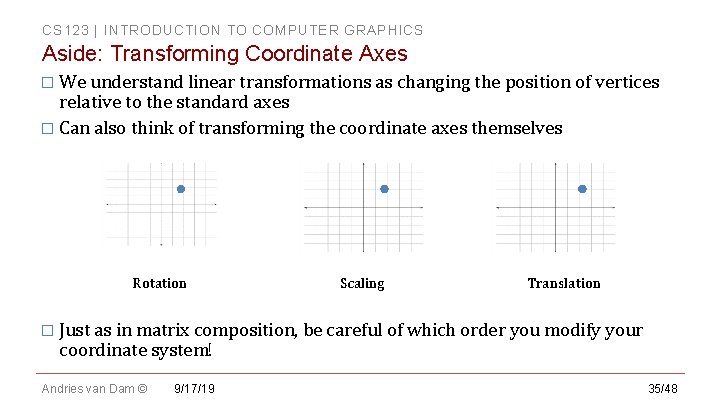 CS 123 | INTRODUCTION TO COMPUTER GRAPHICS Aside: Transforming Coordinate Axes � We understand CS 123 | INTRODUCTION TO COMPUTER GRAPHICS Aside: Transforming Coordinate Axes � We understand