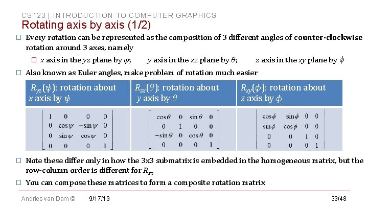 CS 123 | INTRODUCTION TO COMPUTER GRAPHICS Rotating axis by axis (1/2) � Every CS 123 | INTRODUCTION TO COMPUTER GRAPHICS Rotating axis by axis (1/2) � Every
