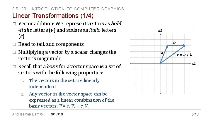 CS 123 | INTRODUCTION TO COMPUTER GRAPHICS Linear Transformations (1/4) Vector addition: We represent CS 123 | INTRODUCTION TO COMPUTER GRAPHICS Linear Transformations (1/4) Vector addition: We represent