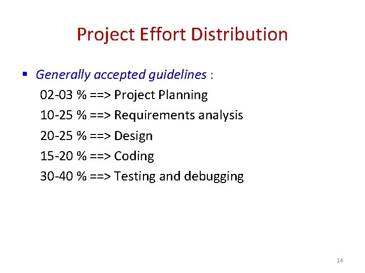 Project Effort Distribution § Generally accepted guidelines : 02 -03 % ==> Project Planning