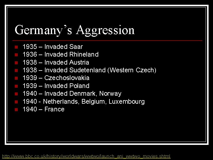 Germany’s Aggression n n n n 1935 – Invaded Saar 1936 – Invaded Rhineland Germany’s Aggression n n n n 1935 – Invaded Saar 1936 – Invaded Rhineland