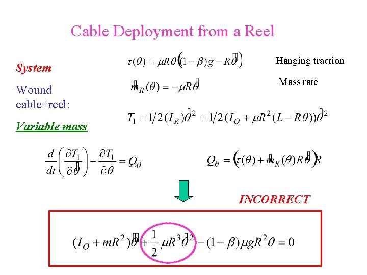 Cable Deployment from a Reel System Wound cable+reel: Hanging traction Mass rate Variable mass