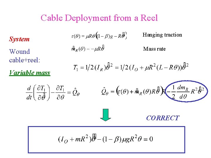 Cable Deployment from a Reel System Wound cable+reel: Hanging traction Mass rate Variable mass