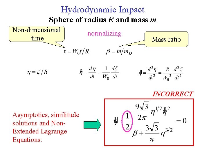 Hydrodynamic Impact Sphere of radius R and mass m Non-dimensional time normalizing Mass ratio
