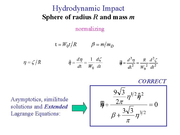 Hydrodynamic Impact Sphere of radius R and mass m normalizing CORRECT Asymptotics, similitude solutions