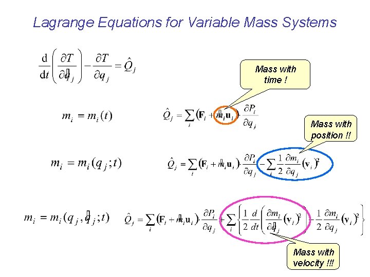 Lagrange Equations for Variable Mass Systems Mass with time ! Mass with position !!