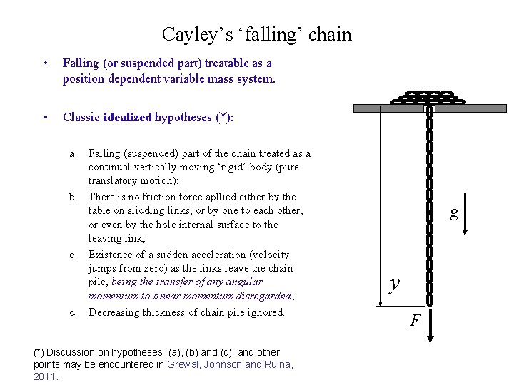Cayley’s ‘falling’ chain • Falling (or suspended part) treatable as a position dependent variable