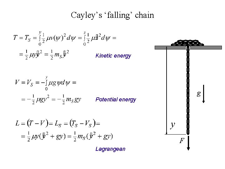 Cayley’s ‘falling’ chain Kinetic energy g Potential energy y F Lagrangean 