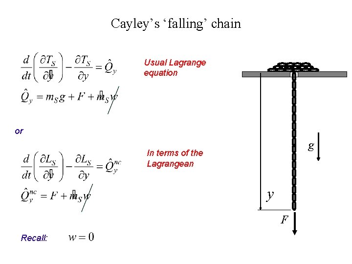 Cayley’s ‘falling’ chain Usual Lagrange equation or g In terms of the Lagrangean y