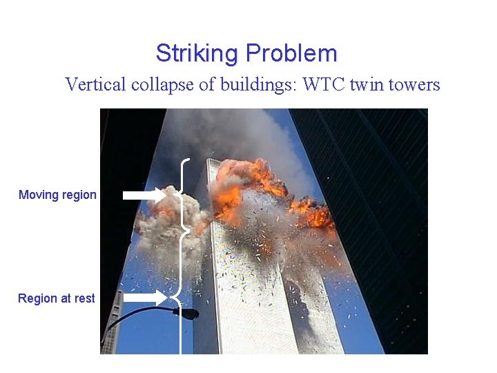 Striking Problem Vertical collapse of buildings: WTC twin towers Moving region Region at rest