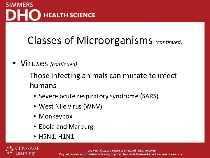 Classes of Microorganisms (continued) • Viruses (continued) – Those infecting animals can mutate to