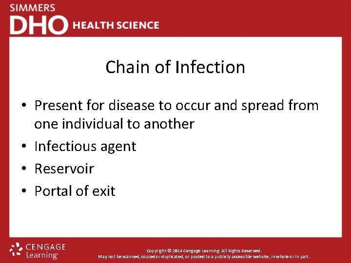 Chain of Infection • Present for disease to occur and spread from one individual