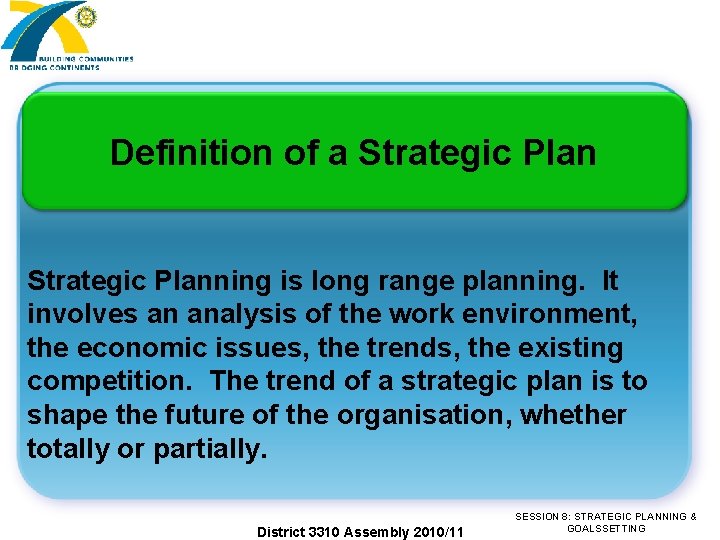 Definition of a Strategic Planning is long range planning. It involves an analysis of