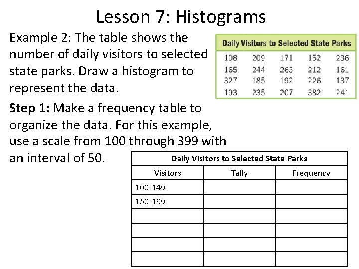 Lesson 7: Histograms Example 2: The table shows the number of daily visitors to