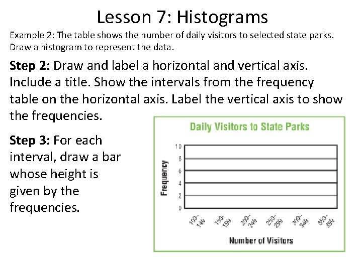 Lesson 7: Histograms Example 2: The table shows the number of daily visitors to