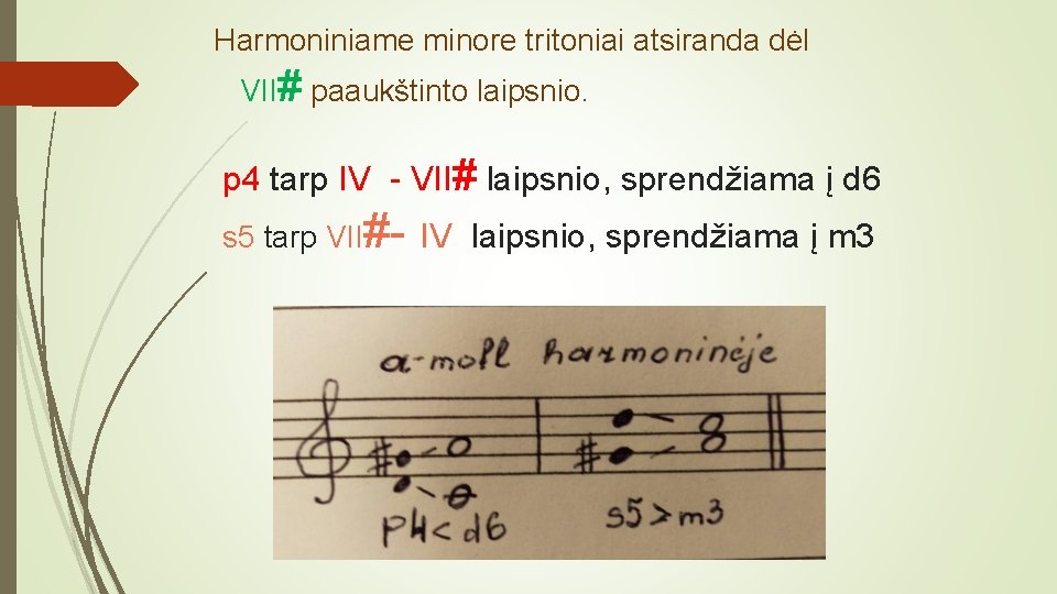 Harmoniniame minore tritoniai atsiranda dėl VII# paaukštinto laipsnio. p 4 tarp IV - VII#