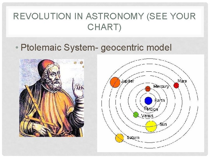 REVOLUTION IN ASTRONOMY (SEE YOUR CHART) • Ptolemaic System- geocentric model 