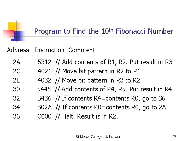 Program to Find the 10 th Fibonacci Number Address Instruction Comment 2 A 2