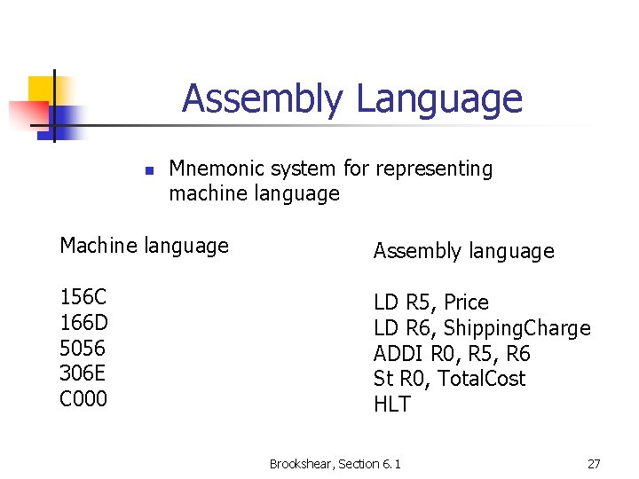 Assembly Language n Mnemonic system for representing machine language Machine language Assembly language 156