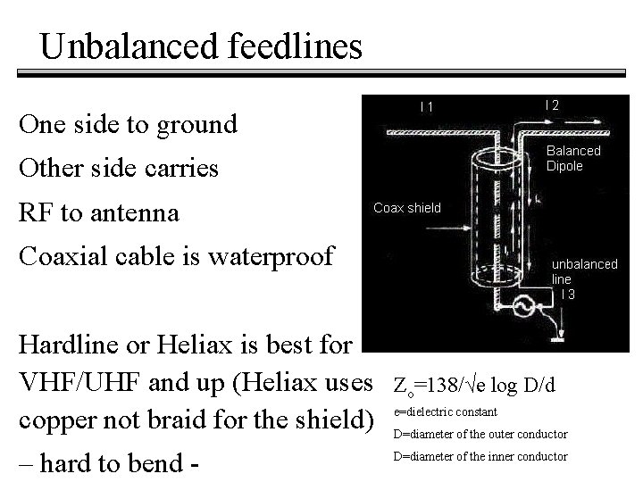 Unbalanced feedlines One side to ground Other side carries RF to antenna Coaxial cable