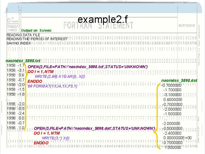 example 2. f Output on Screen: READING DATA FILE READING THE PERIOD OF INTEREST example 2. f Output on Screen: READING DATA FILE READING THE PERIOD OF INTEREST