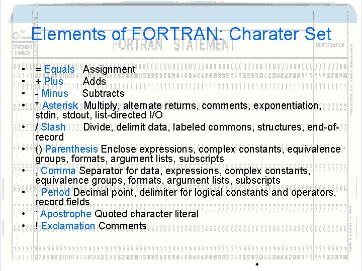 Elements of FORTRAN: Charater Set • • • = Equals Assignment + Plus Adds Elements of FORTRAN: Charater Set • • • = Equals Assignment + Plus Adds