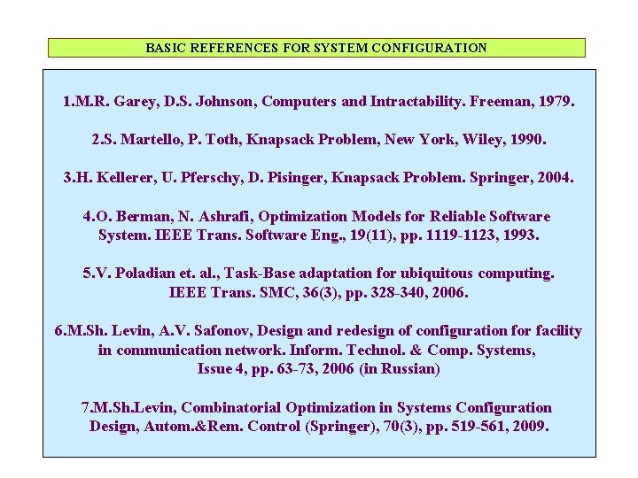 BASIC REFERENCES FOR SYSTEM CONFIGURATION 1. M. R. Garey, D. S. Johnson, Computers and