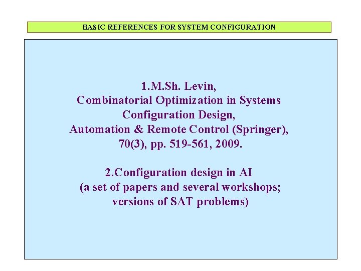 BASIC REFERENCES FOR SYSTEM CONFIGURATION 1. M. Sh. Levin, Combinatorial Optimization in Systems Configuration