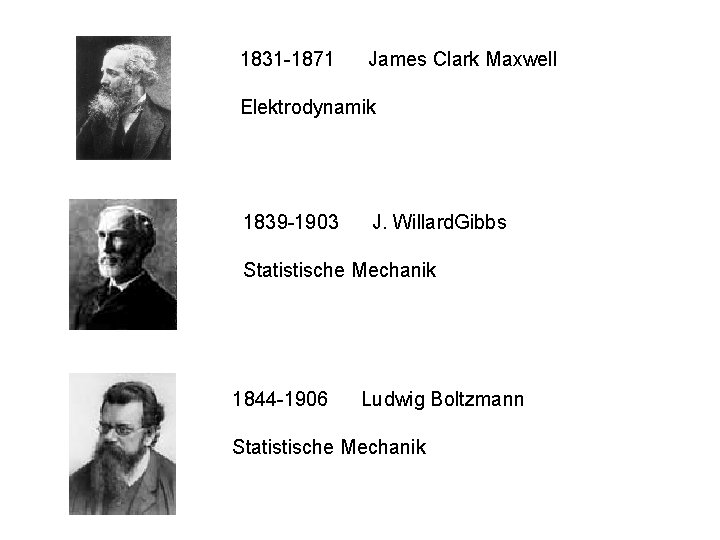 1831 -1871 James Clark Maxwell Elektrodynamik 1839 -1903 J. Willard. Gibbs Statistische Mechanik 1844