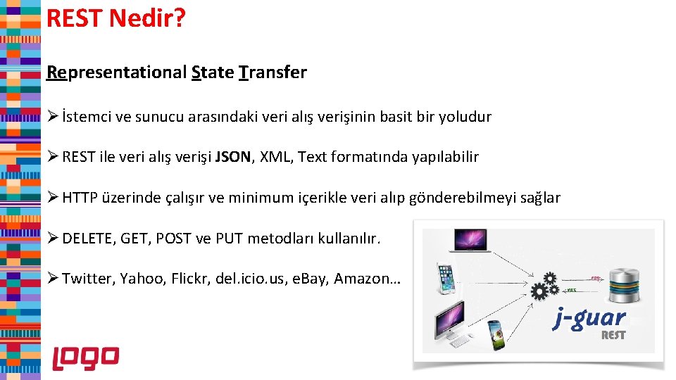 REST Nedir? Representational State Transfer Ø İstemci ve sunucu arasındaki veri alış verişinin basit