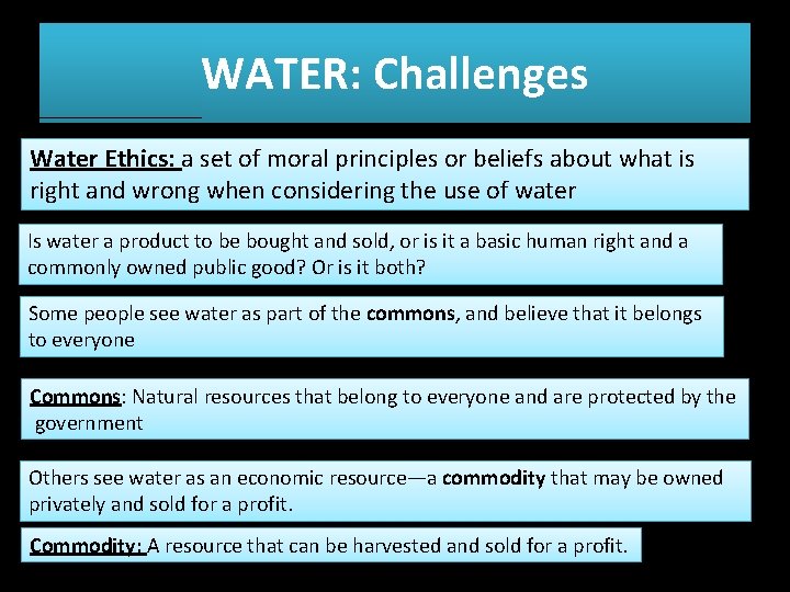 WATER: Challenges Water Ethics: a set of moral principles or beliefs about what is