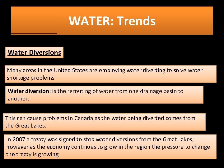 WATER: Trends Water Diversions Many areas in the United States are employing water diverting