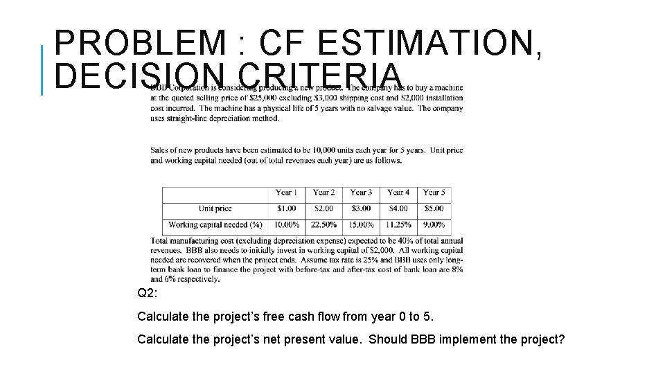 PROBLEM : CF ESTIMATION, DECISION CRITERIA Q 2: Calculate the project’s free cash flow